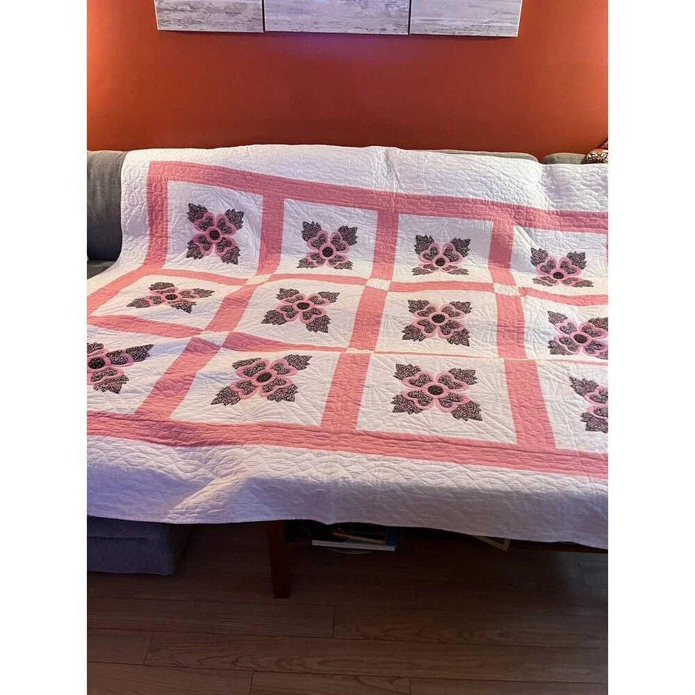 Vintage Hand Sewn Appliqué Quilt Rose Flowers 80x96” Not Used, Not Washed